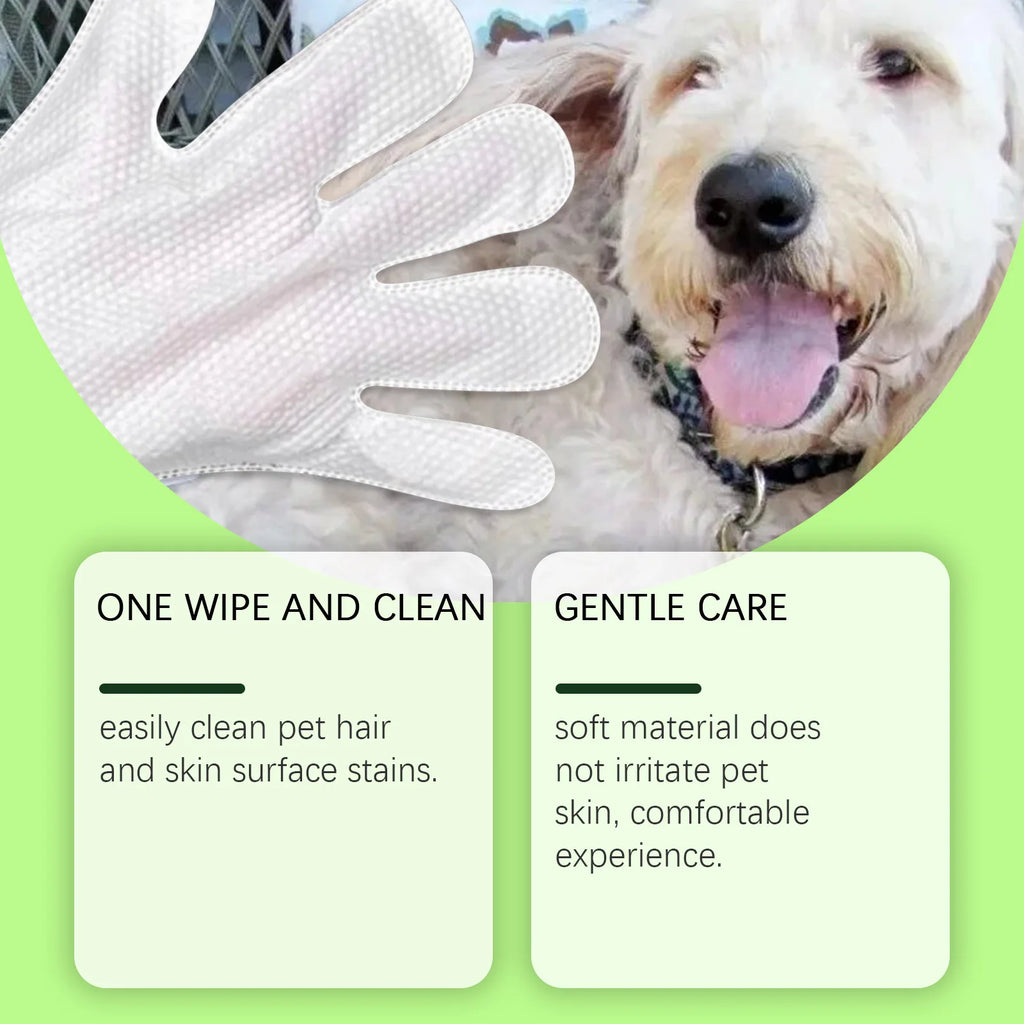 Pet glove wet wipes for dogs and cats, hypoallergenic, single-use, no rinsing required, 5-piece pack.