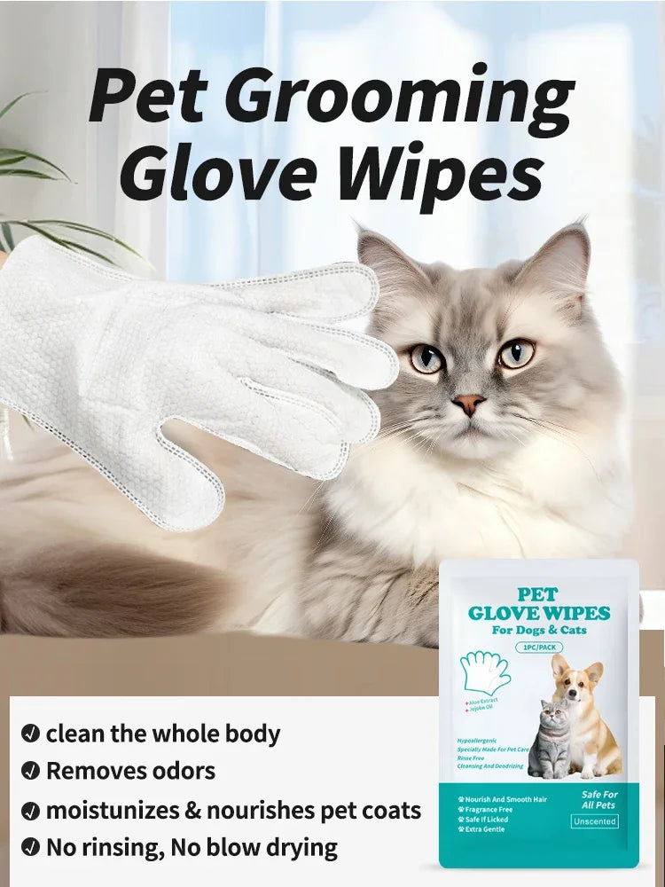 Disposable No Rinse Pet Glove Wipes - Lickable Safe Cleaning Gloves for Dogs Cats Puppies - Daily Grooming Spa Bath Supplies