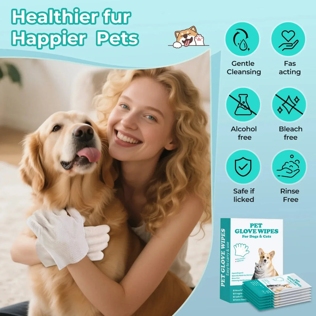 Disposable No Rinse Pet Glove Wipes - Lickable Safe Cleaning Gloves for Dogs Cats Puppies - Daily Grooming Spa Bath Supplies