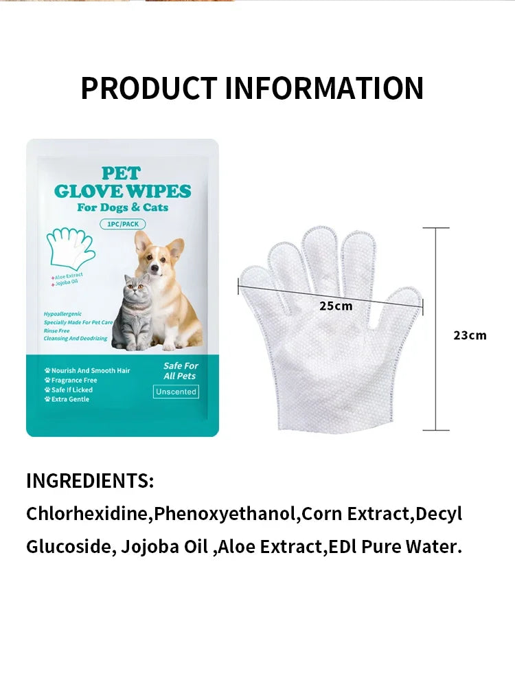 Disposable No Rinse Pet Glove Wipes - Lickable Safe Cleaning Gloves for Dogs Cats Puppies - Daily Grooming Spa Bath Supplies