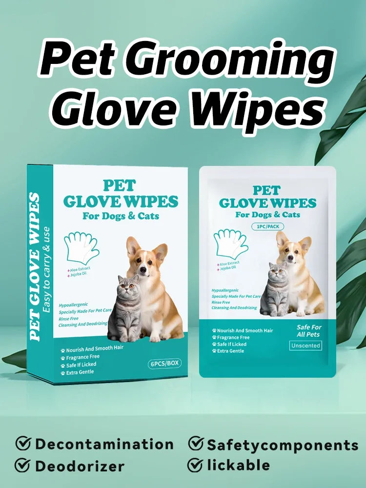 Disposable No Rinse Pet Glove Wipes - Lickable Safe Cleaning Gloves for Dogs Cats Puppies - Daily Grooming Spa Bath Supplies