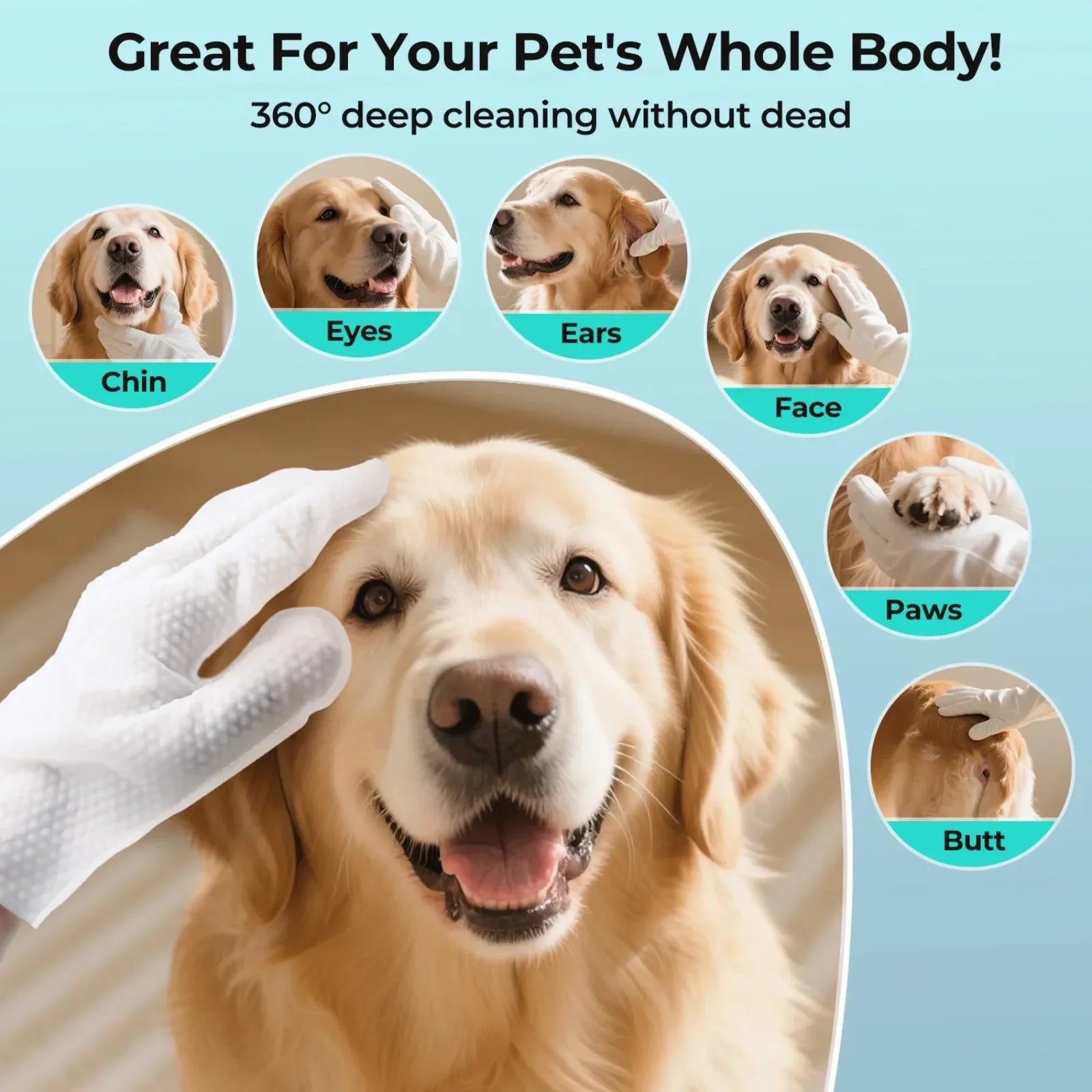 Disposable No Rinse Pet Glove Wipes - Lickable Safe Cleaning Gloves for Dogs Cats Puppies - Daily Grooming Spa Bath Supplies