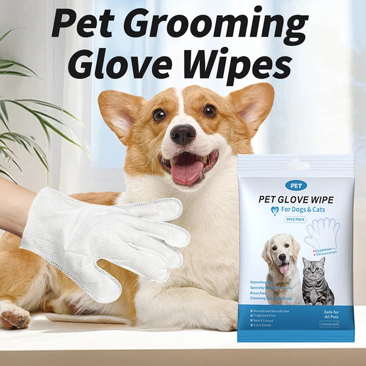 6Pcs Pet Wipes Gloves Free Cleaning Dog & Cat Wipes Puppies and Kittens Bathing Deodorization Paws Disposable Cleaning Gloves