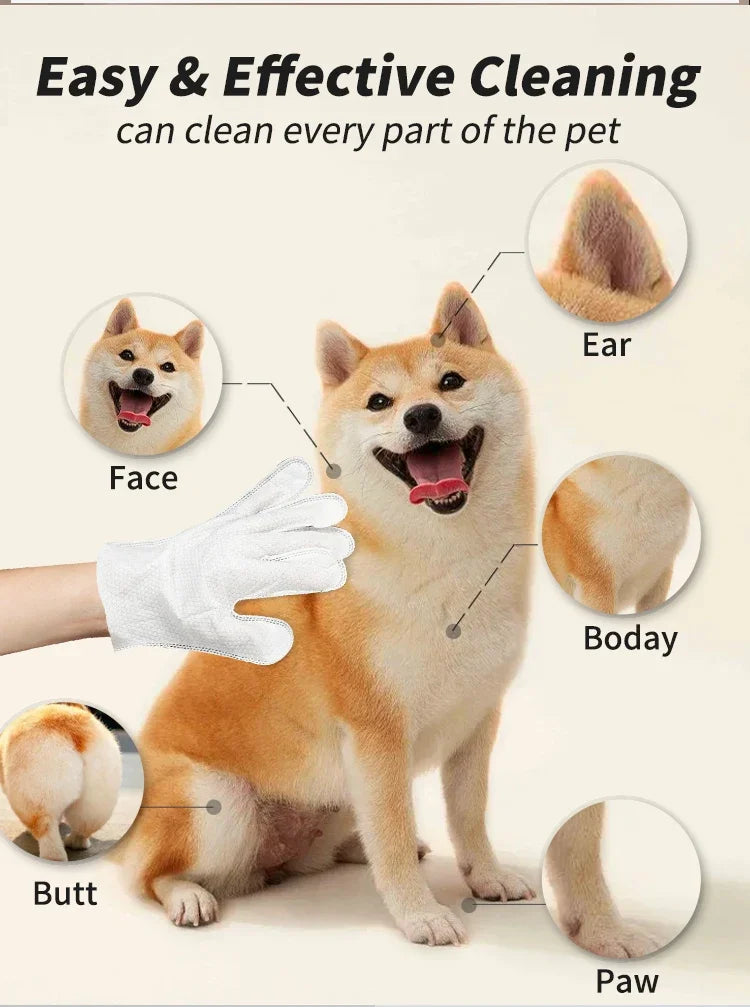 Disposable No Rinse Pet Glove Wipes - Lickable Safe Cleaning Gloves for Dogs Cats Puppies - Daily Grooming Spa Bath Supplies