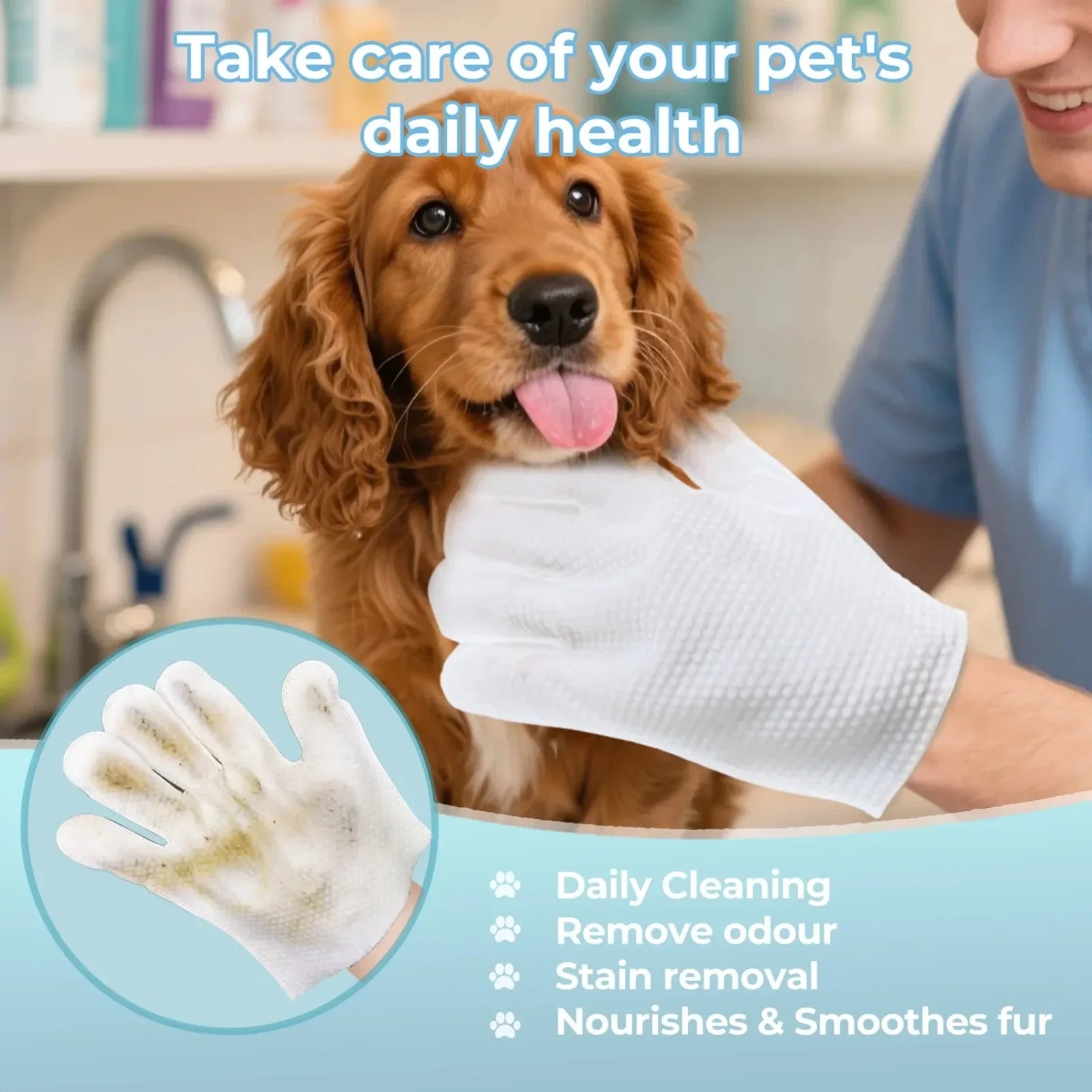 Disposable No Rinse Pet Glove Wipes - Lickable Safe Cleaning Gloves for Dogs Cats Puppies - Daily Grooming Spa Bath Supplies