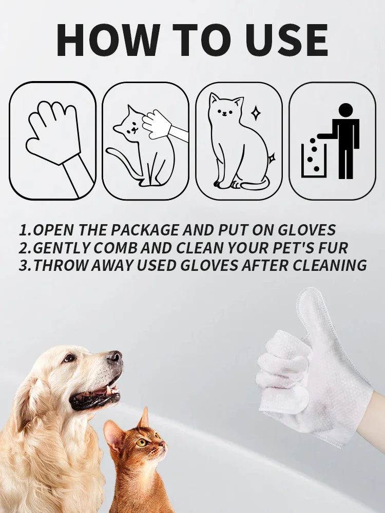 Disposable No Rinse Pet Glove Wipes - Lickable Safe Cleaning Gloves for Dogs Cats Puppies - Daily Grooming Spa Bath Supplies