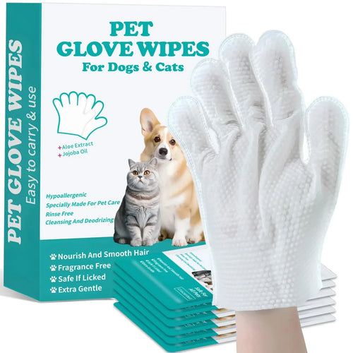 Disposable No Rinse Pet Glove Wipes - Lickable Safe Cleaning Gloves for Dogs Cats Puppies - Daily Grooming Spa Bath Supplies