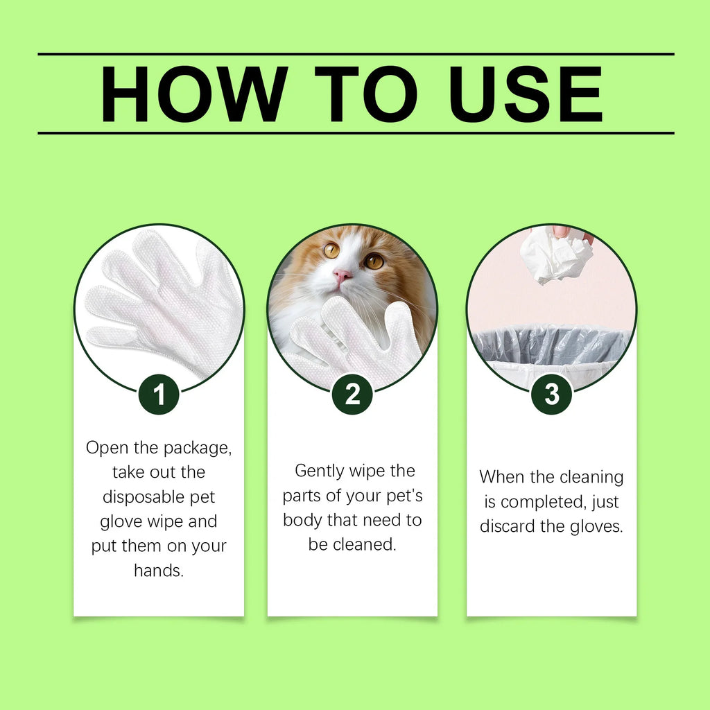 Pet glove wet wipes for dogs and cats, hypoallergenic, single-use, no rinsing required, 5-piece pack.