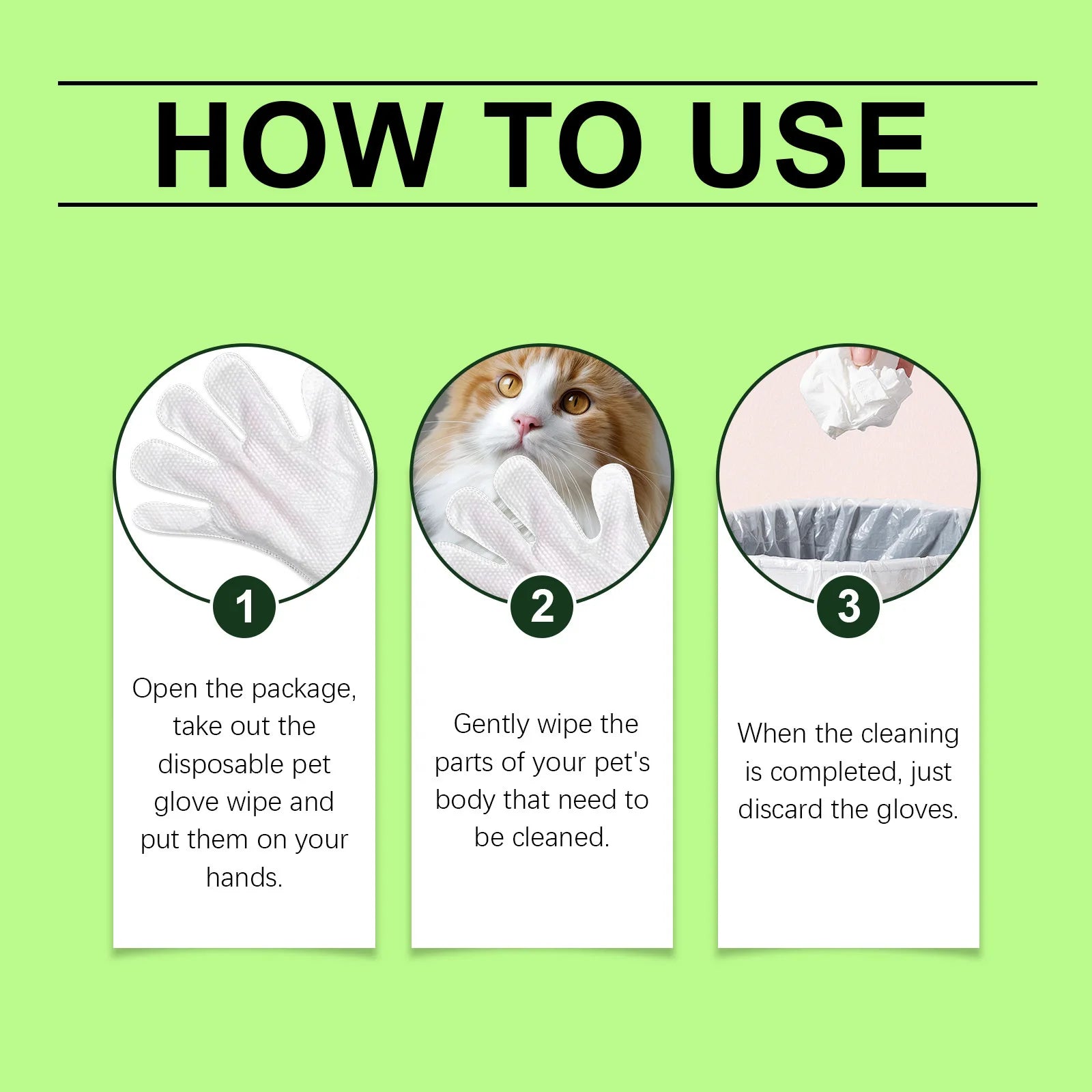 Pet glove wet wipes for dogs and cats, hypoallergenic, single-use, no rinsing required, 5-piece pack.