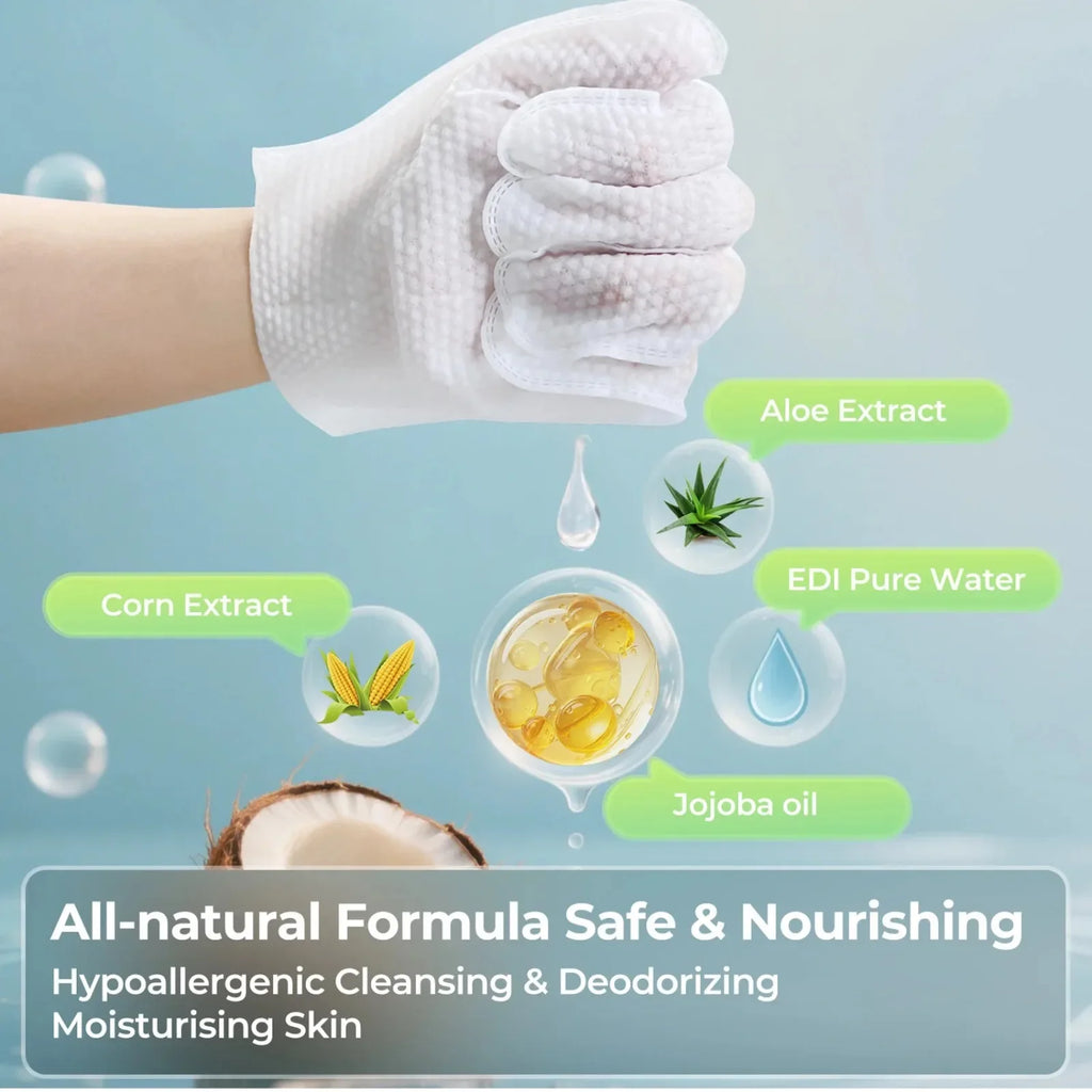 Disposable No Rinse Pet Glove Wipes - Lickable Safe Cleaning Gloves for Dogs Cats Puppies - Daily Grooming Spa Bath Supplies