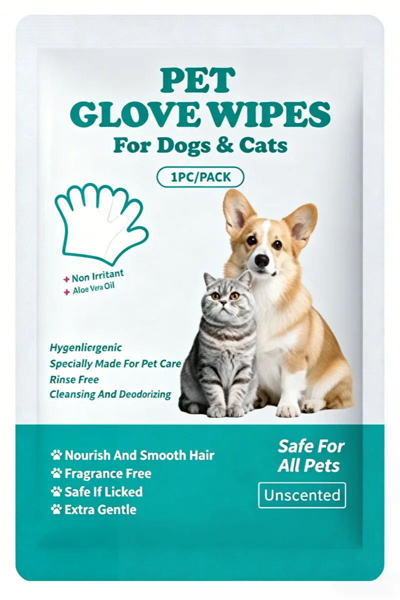 Disposable No Rinse Pet Glove Wipes - Lickable Safe Cleaning Gloves for Dogs Cats Puppies - Daily Grooming Spa Bath Supplies